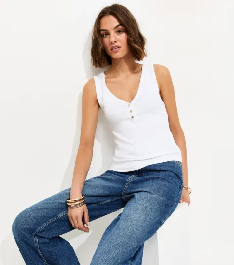 White Cotton Rich Gold Tone Button Henley Vest Top
