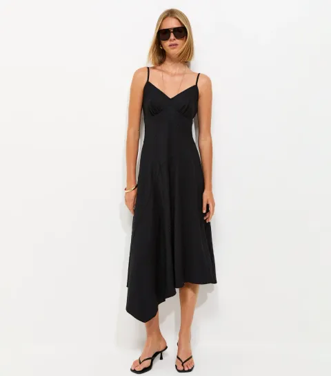 Black Asymmetric Hem V-Neck Midi Dress
