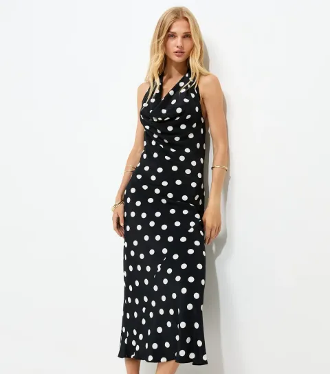 Black Satin Polka Dot Cowl Halterneck Midi Dress