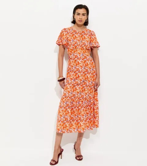 Orange Floral Print Crepe Short Sleeve Midi Dress