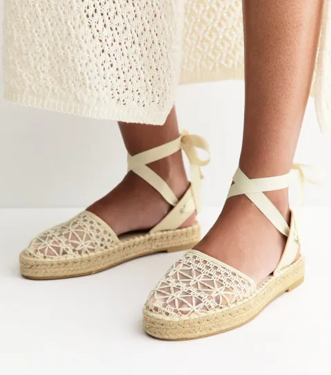 Off White Lace Toe Tie Ankle Espadrilles Vegan