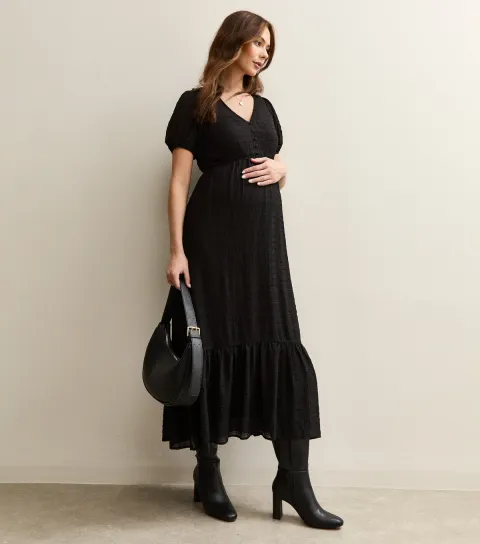 Maternity Black Checked Short Sleeve Midi Dress