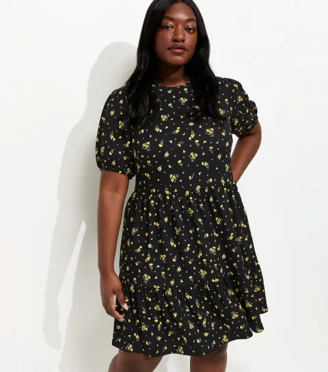 Plus Size Black Ditsy Print Tiered Smock Mini Dress Curves