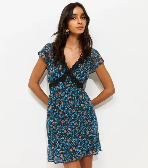 Black Floral Print Chiffon Cap Sleeve Mini Dress