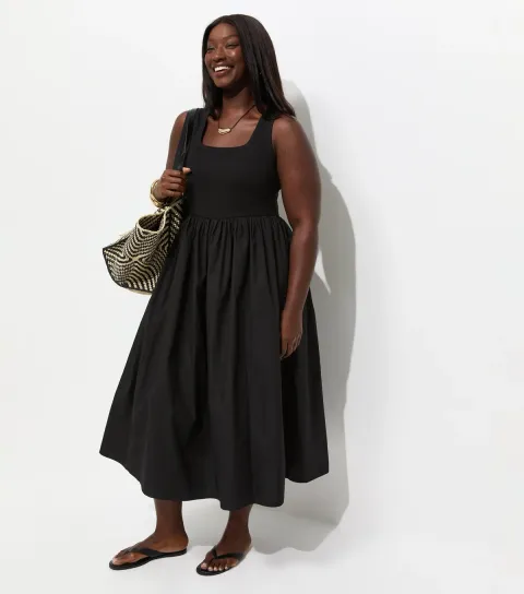 Plus Size Black 2-In-1 Poplin Midi Dress Curves