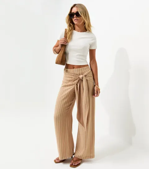 Petite Camel Woven Striped Wrap Waist Wide Leg Trousers