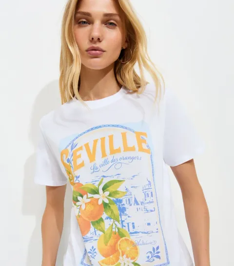 White Cotton Seville Orange Print T-Shirt