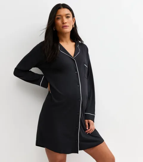 Maternity Black Revere Collar Night Dress