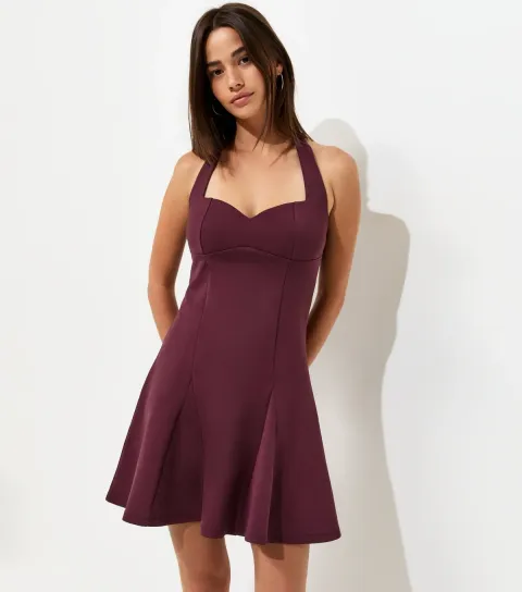 Dark Burgundy Cotton Rich Ponte Sweetheart Halter Mini Dress