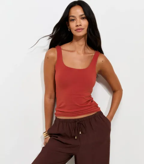 Dark Red Cotton Rich Square Neck Vest Top