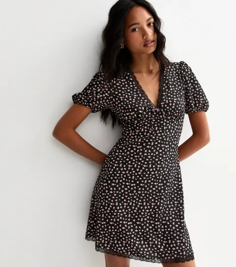 Black Ditsy Floral Lace Trim Mini Dress