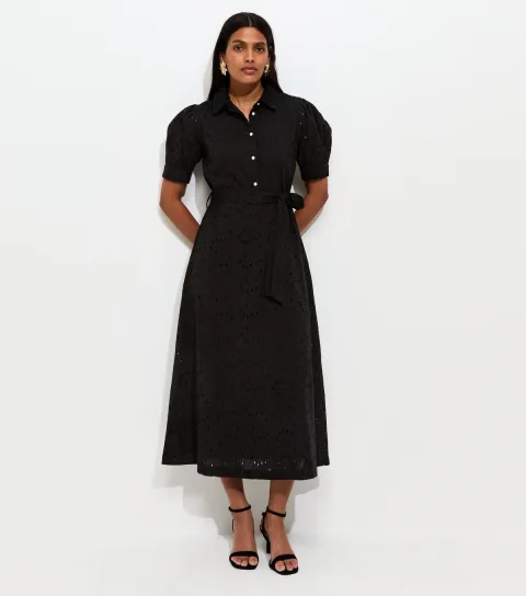 Black Broderie Shirt Midi Dress