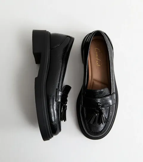 Black Faux Leather Chunky Sole Tassel Loafers Vegan