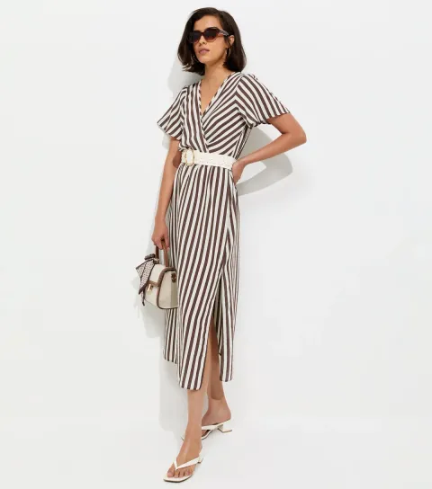 Brown Striped Wrap Midi Dress