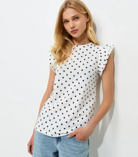 White Cotton Polka Dot Ruffled Sleeve T-Shirt