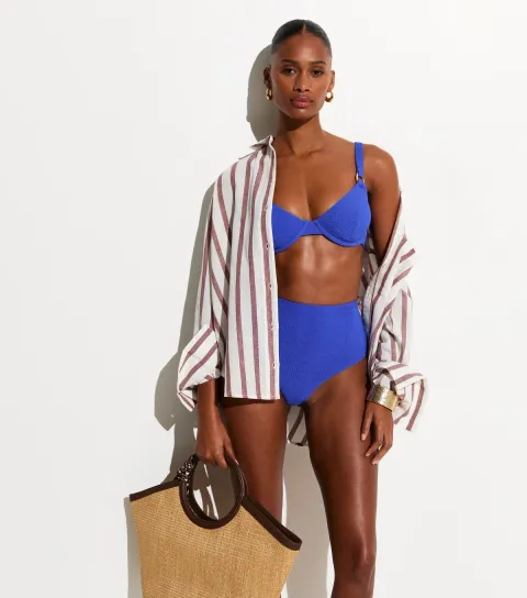 Blue Crinkle Textured High Waist Bikini Briefs