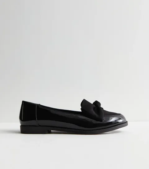 Black Patent Suedette Bow Loafers