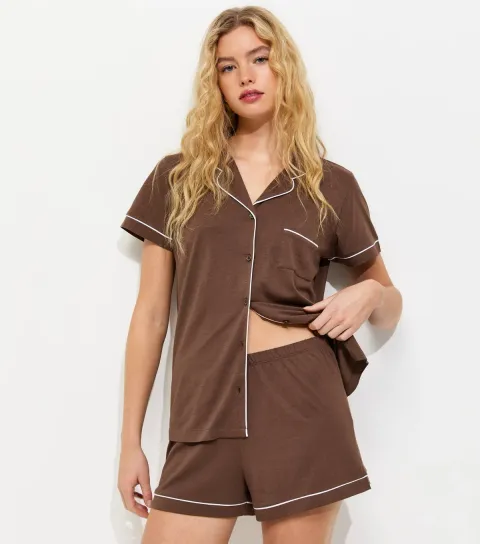 Dark Brown Revere Collar Short Sleeve Top and Shorts Pyjama Set