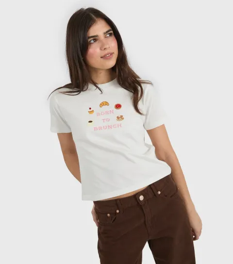 White Born To Brunch Baby Tee T-Shirt