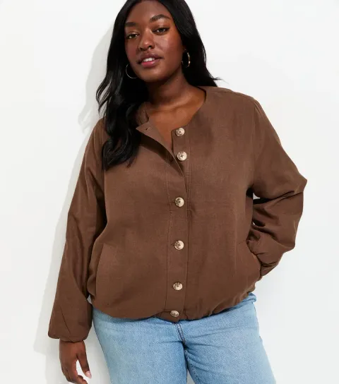 Plus Size Dark Brown Linen Button Through Bomber Jacket Curves