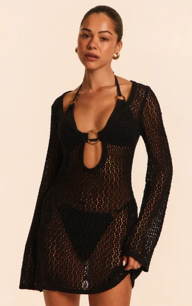 Black Crochet O Ring Mini Beach Dress