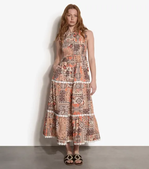 Orange Cotton Floral Sleeveless Midi Dress