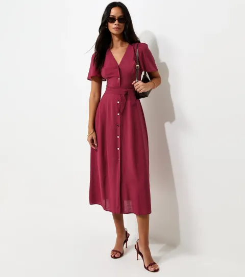 Dark Burgundy Button Front Flutter Sleeve Midi Dress