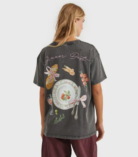 Dark Grey Acid Wash Dinner Date T-Shirt