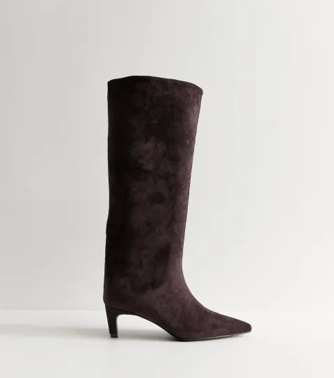 Dark Burgundy Faux Suede Kitten Heel Knee High Boots Vegan