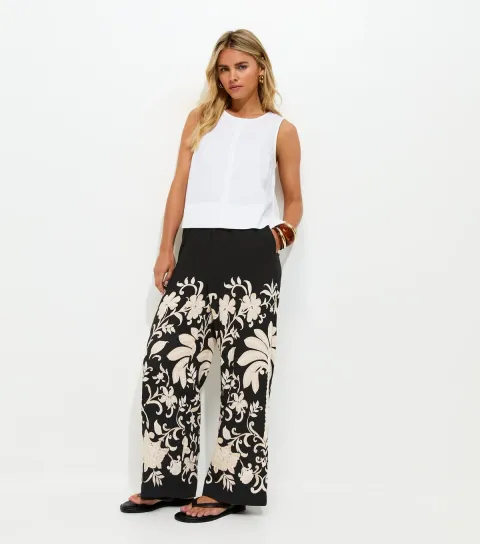 Petite Black Floral Wide Leg Trousers
