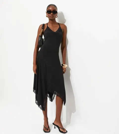 Black Lace Trim Asymmetric Midi Dress