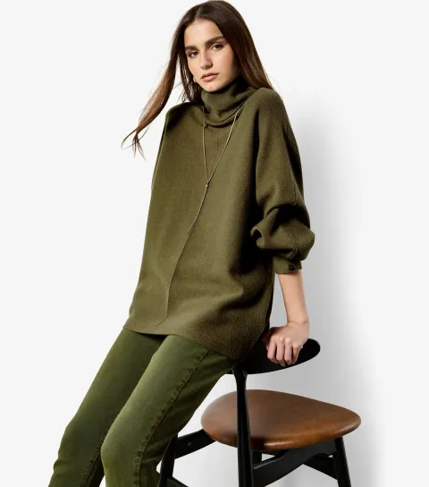 Dark Khaki Roll Neck Oversized Batwing Jumper