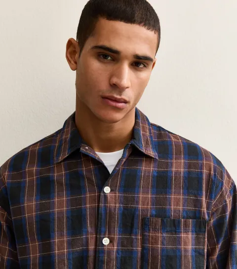 Dark Blue Boxy Long Sleeve Checked Shirt