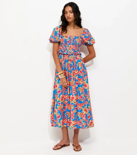 Blue Floral Shirred Puff Sleeve Midi Dress
