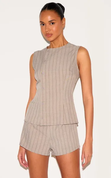 Brown Pinstripe Linen Asymmetric Button Down Playsuit