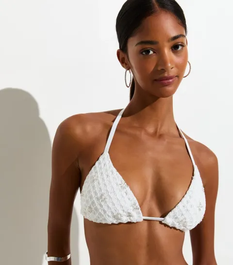 Premium White Sequin Triangle Bikini Top
