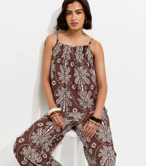 Brown Crepe Sun Patterened Bead Cami Strap Top