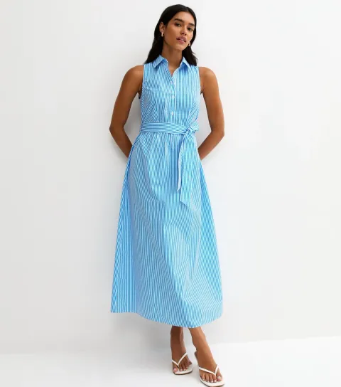 Blur Striped Sleeveless Midi Shirt Dress