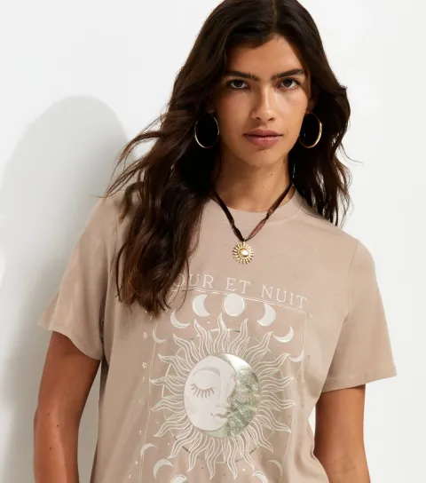 Mink Cotton Sun and Moon Print Relaxed T-Shirt