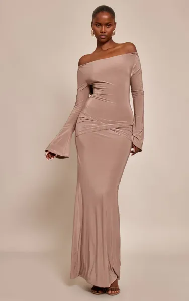 Mocha Double Slinky Twist Detail Maxi Dress