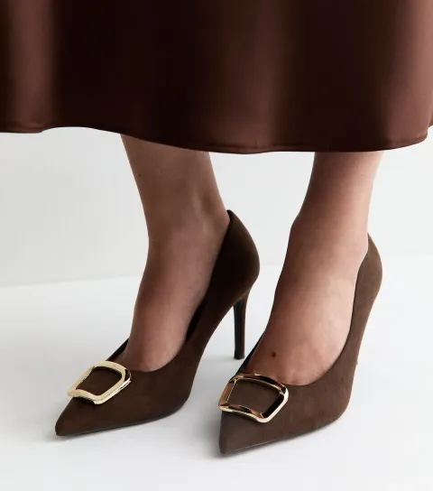Wide Fit Dark Brown Faux Suede Buckle Front Court Shoes Vegan