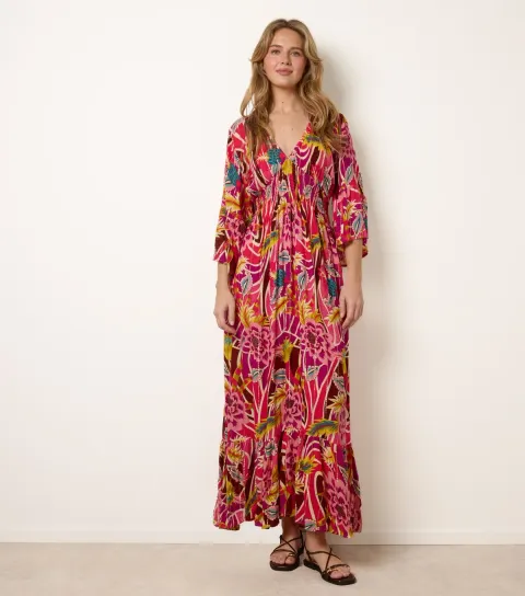 Pink V-Neck Floral Print Maxi Dress