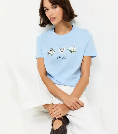 Light Blue Cotton Flower Print T-Shirt