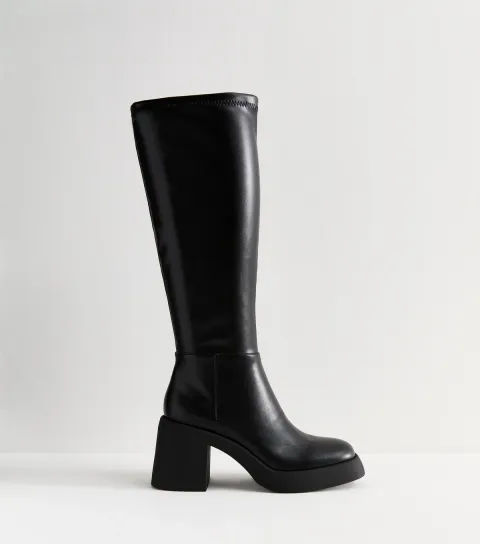 Black Faux Leather Block Heel Knee High Boots Vegan