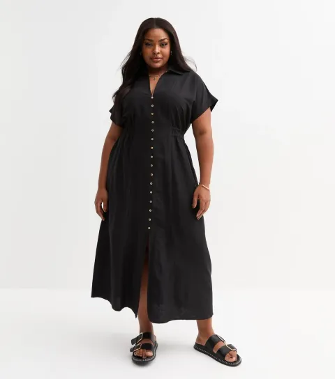 Plus Size Black Shirred Waist Midi Dress Curves