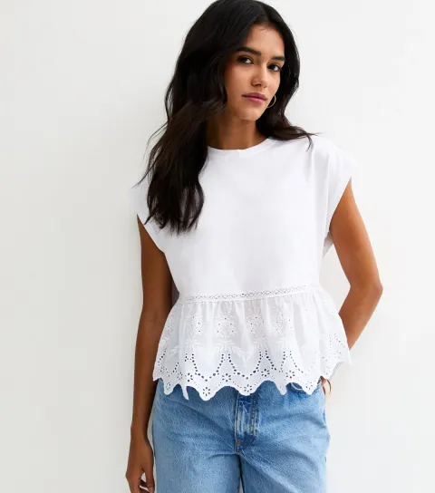 White Broderie Anglaise Hem T-Shirt