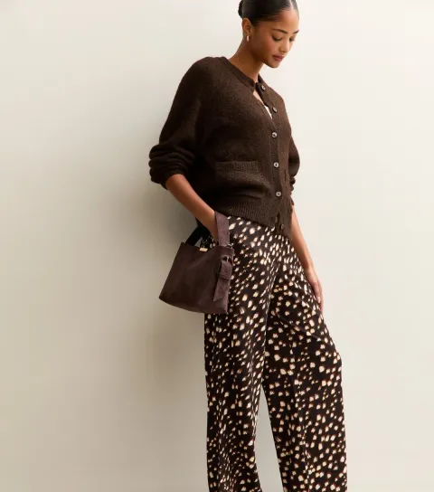 Brown Abstract Print Textured Wide Leg Trousers