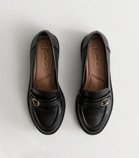 Wide Fit Black Buckled Penny Loafers Vegan