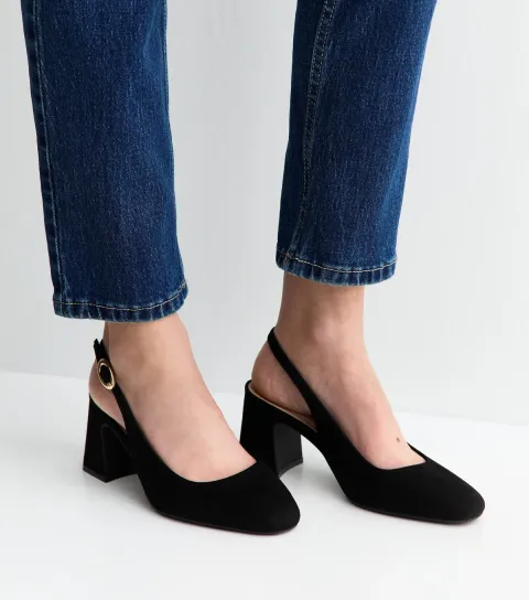 Wide Fit Black Faux Suede Slingback Pumps Vegan