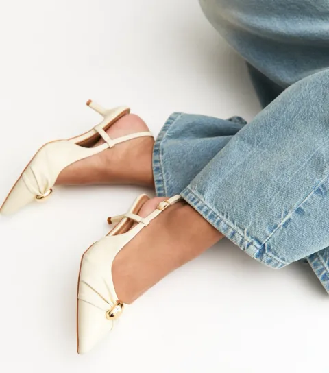 Off White Faux Leather Ring Slingback Court Shoes Vegan